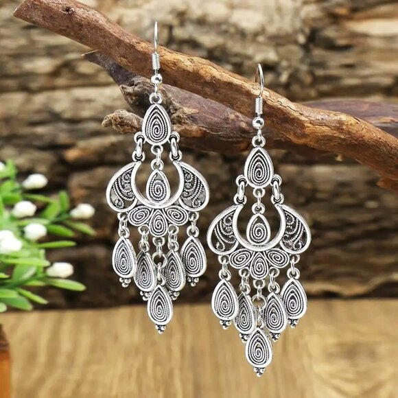 Bohemian Earrings Silver Dangle Boho Hippie Mandala Filigree Hollow Cut Out NEW - Picture 2 of 3